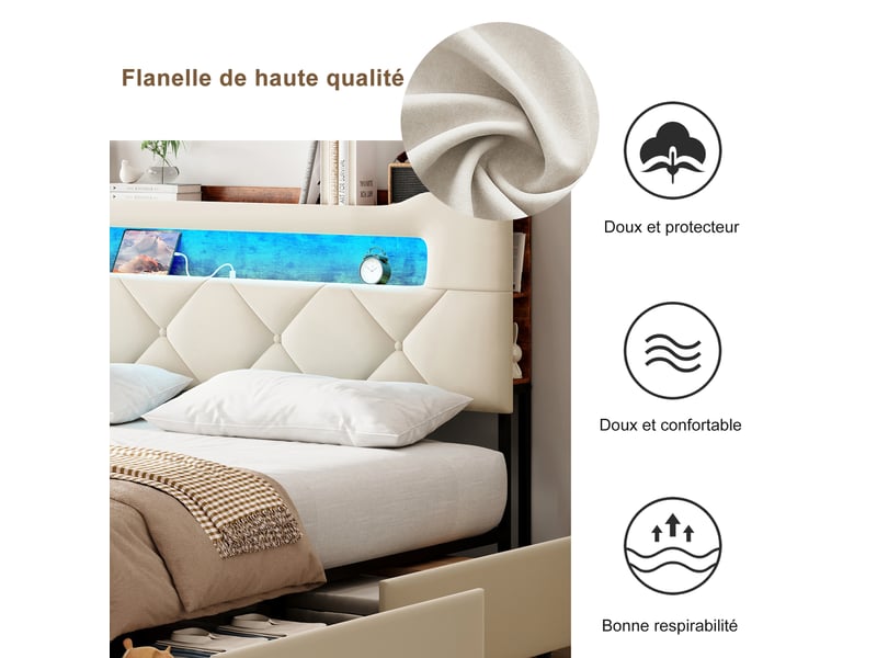  Lit double rembourré 140x190 avec sommier et rangement, lits deux place moderne avec 4 tiroir, éclairage led et port usb, beige velours  - Conforama E