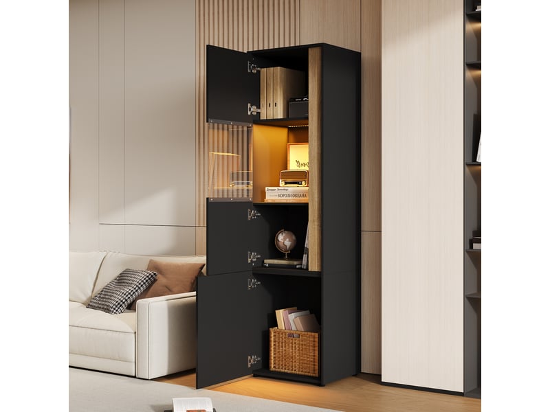  Vitrine d'exposition - 50x40x179 cm - grand meuble de rangement haut avec éclairage led et portes - noir  - Conforama D