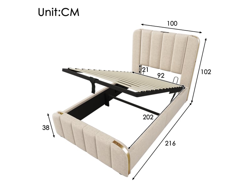 Lit coffre adulte 90x200 cm – beige – rangement hydraulique, usbtype-c, sommier et matelas inclus - Conforama C