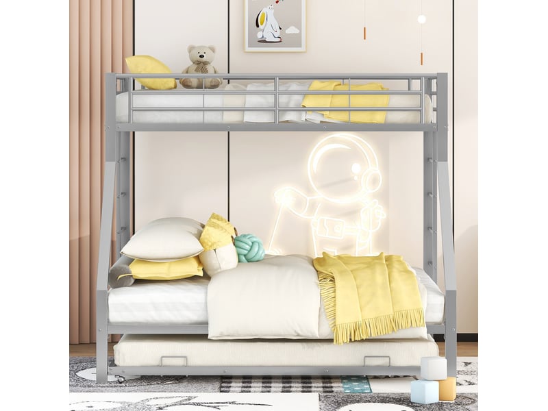  Lit superposé en métal argenté 90 x 200 et 140 x 200 cm avec lit gigogne  - Conforama E