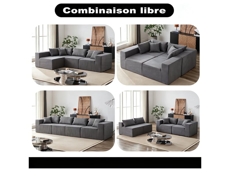  Canapé d’angle, modulaire en velours côtelé, mousse compressée, 4 pièces, salonchambre, 71x264x167 cm, gris  - Conforama E