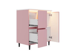 Meuble sous vasque avec 2 tiroirs, 1 porte et éclairage led à capteur pour salle de bain, mdf rose, 76 × 47 × 89 cm
