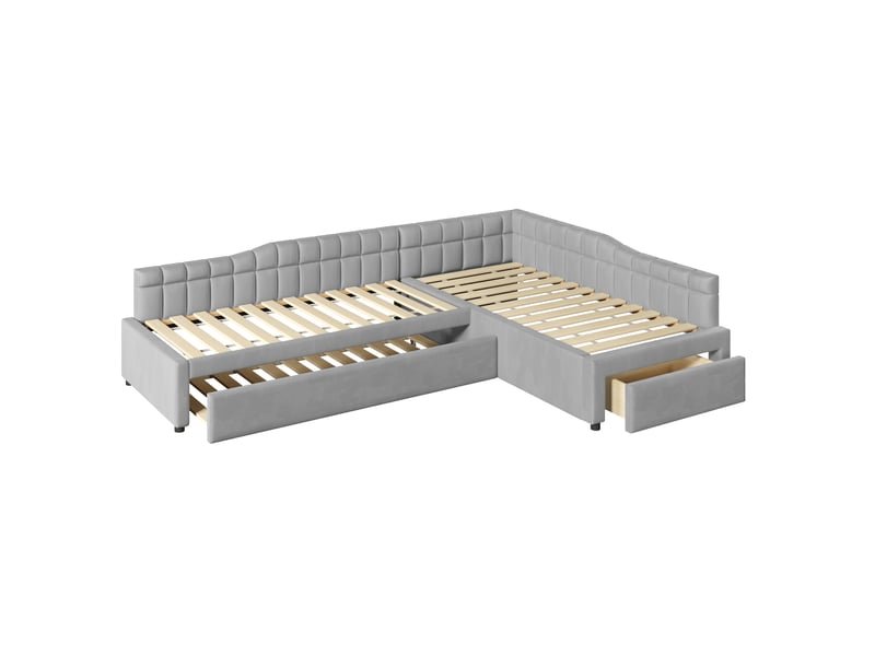  Lit d'enfant 90 x 200, avec lit gigogne, tiroirs et revêtement en velours doux, gris  - Conforama E