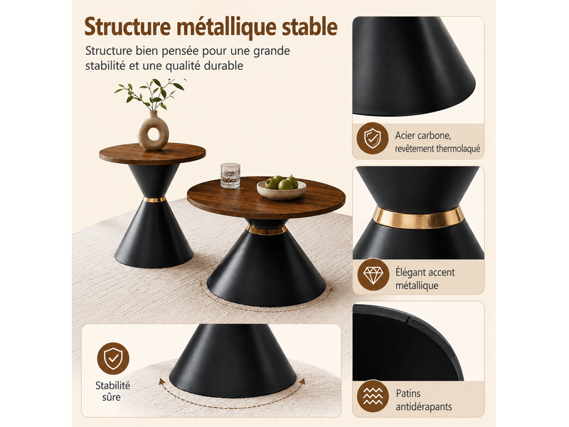  Tables basses gigognes 70x42,5+50x50,5 cm, design conique, empilables pour salon et pour bureau, métal, noyer et noir  - Conforama E