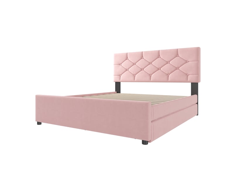  Lit gigogne 140x200 cm, lit enfant, design boutonné romantique, sommier, velours et mdf, rose, sans matelas  - Conforama E