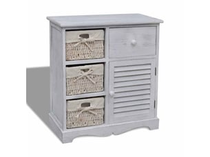 Meuble de rangement en bois 3 paniers gauches en tissage blanc