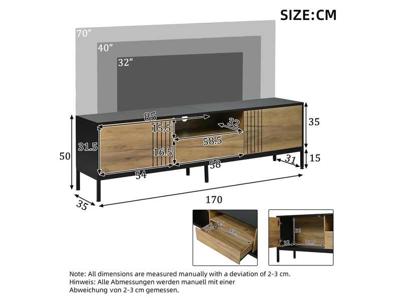  Meuble tv bas 170 x 35 x 50 cm – chene et noir – pour ecran jusqu a 70 pouces, rangement 2 portes et tiroir  - Conforama C