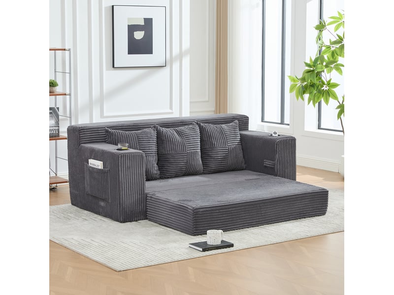 Canapé droit modulable 3 places sans cadre avec porte-gobelets et poches latérales, en velours côtelé gris - Conforama B