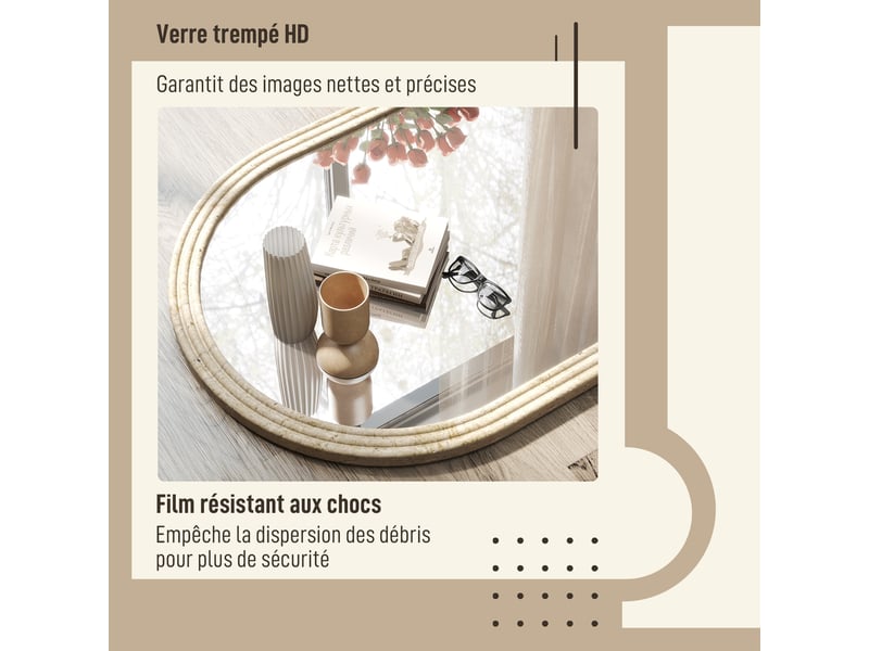  Miroir mural arqué, miroir moderne avec bord rainuré et crochets, verre trempé et polystyrène, 50 x 70 cm, beige  - Conforama R