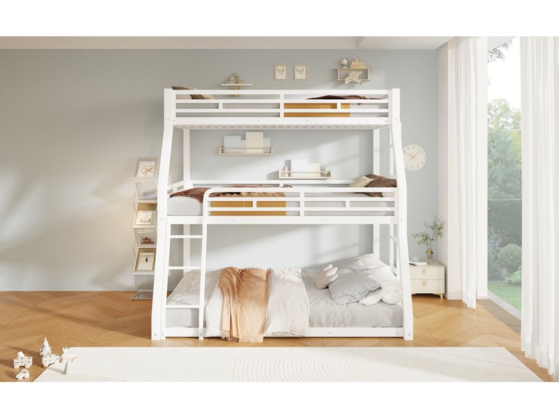 Lit superposé 140x200 cm à 3 niveaux, échelle réversible, en métal, blanc, sans matelas  - Conforama D