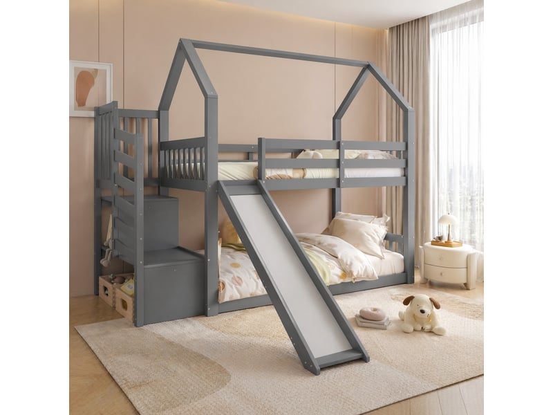  Modenvie lit mezzanine enfant cabane 90x200 cm - avec rangement et toboggan, sans matelas - gris  - Conforama D