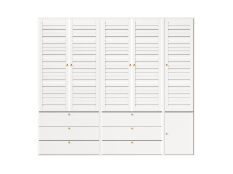  Armoire de chambre 225x50x200 cm, dressing penderie moderne avec 5 portes persiennes, avec 3 tringles et 6 tiroirs, pour adulte ou enfant, blanc  - Conforama A