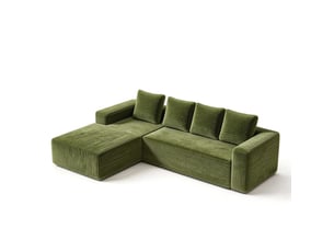 Canapé d'angle convertible modulable 4 places en velours côtelé vert, méridienne droite pour votre salon