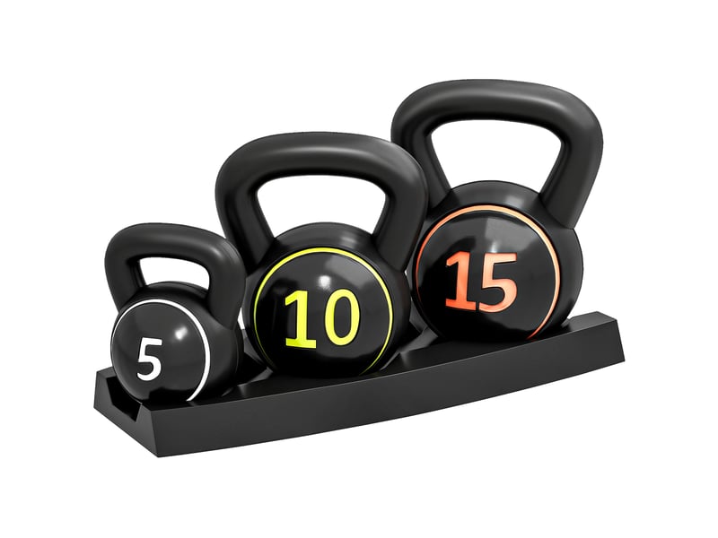  Ensemble de 3 kettlebells de 2,2 kg, 4,5 kg et 6,8 kg avec base plate et support de poids, en plastique et sable, noir.  - Conforama A