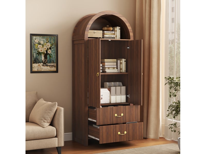  Buffet 76x38x180 cm, niche ouverte en arc, éclairage led, 2 portes et 2 tiroirs, mdf et panneau de particules, noyer  - Conforama B