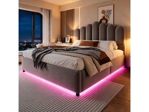 Lit coffre rembourré en velours 140x200 cm, lit double avec rangement hydraulique, led, tête de lit volumineuse et sommier à lattes, gris