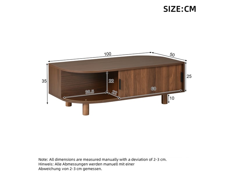  Table basse 100 x 50 x 35 cm avec 2 portes coulissantes et rangement, mdf et panneaux de particules, pieds en bois, coloris noyer  - Conforama C
