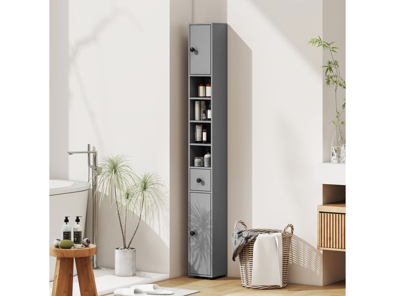  Meuble de salle de bain, 4 étagères, tiroir, panneaux de particules, design fin, gris  - Conforama C