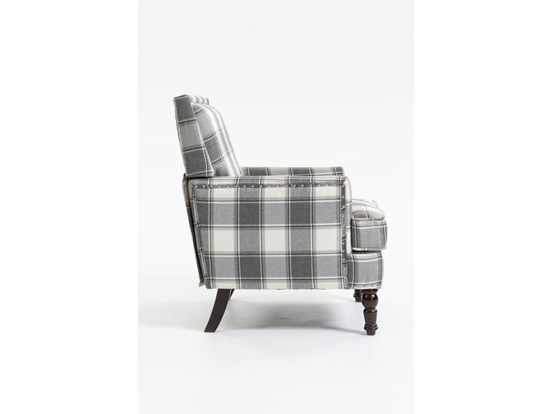  Fauteuil de salon vintage 69x69x89cm - fauteuil cabriolet rembourré en tissu de lin avec finition clous tapissier - gris et blanc  - Conforama D