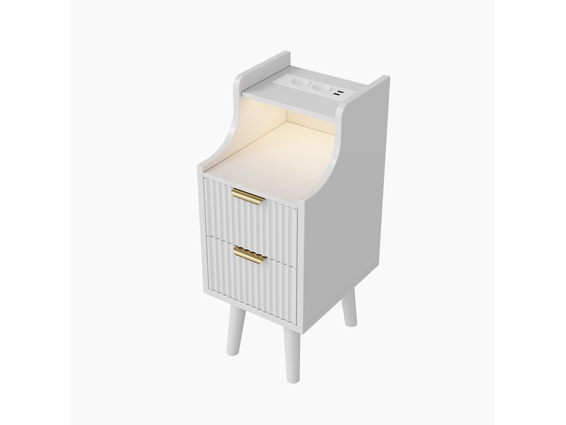  Lot de 2 tables de chevet blanches à 2 tiroirs, finition cannelée, bandeau led 3 couleurs, station de charge eu, rangement ouvert, pieds en bois, table d’appoint multifonction  - Conforama R