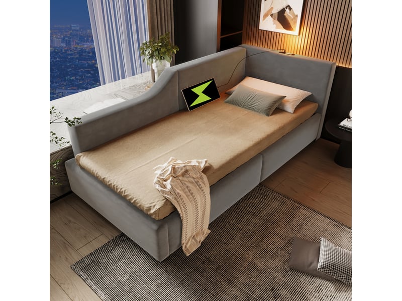  Lit coffre 90x200 cm en velours gris avec lampe de lecture et usb-c  - Conforama D