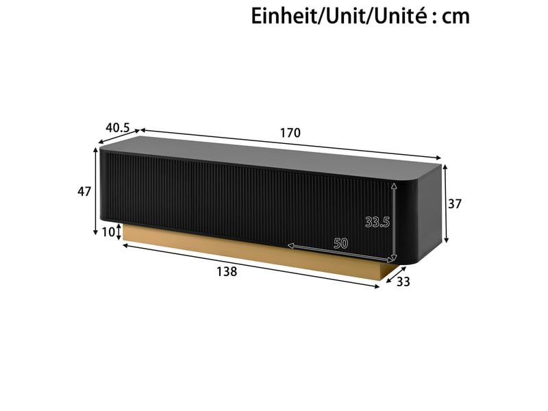  Meuble tv 170x40,5x47 cm, noir, grand espace de rangement, bords arrondis, portes texturées, passe-câbles, mdf et panneau de particules  - Conforama C