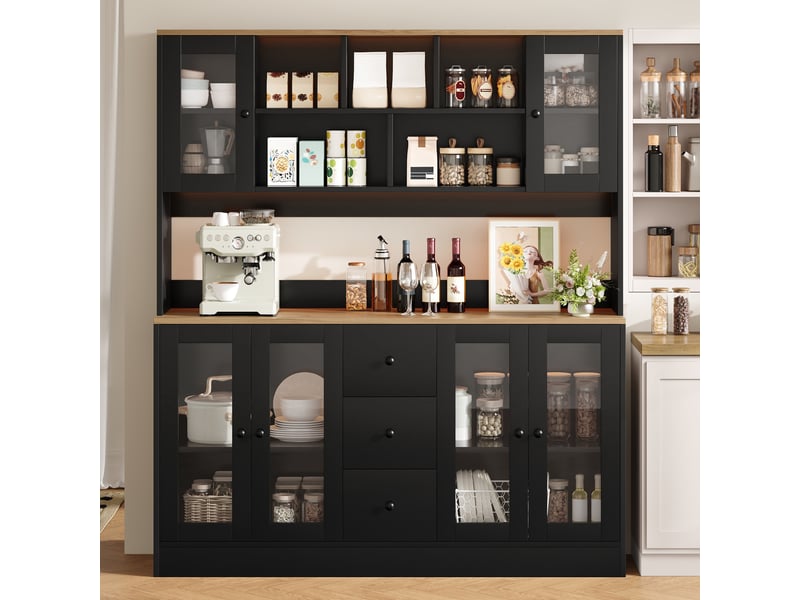  Buffet de cuisine 150x40x173cm avec plan de travail, 3 tiroirs, portes vitrées acryliques, led rgb, prises électriques et usb, mdf - noir  - Conforama B