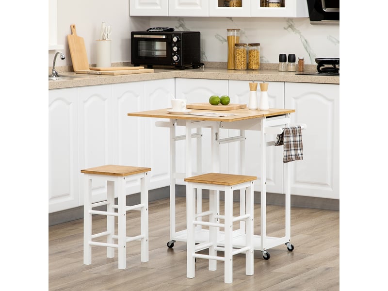  Ensemble table de bar pliable roulettes + 2 tabourets blanc et bois clair - 2 tiroirs et porte-torchons  - Conforama C