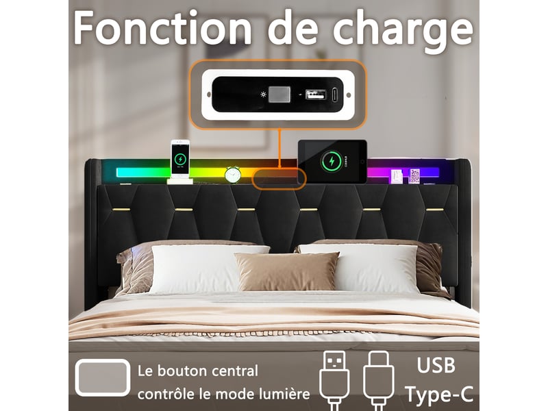  Lit 140x200 cm noir avec rangement, led, 4 tiroirs,ports usb+type-c sans matelas EBD855F-BK - Conforama R