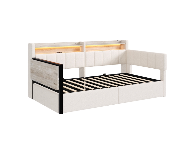  Lit de repos capitonné 90x200cm avec led,usb,rangement hydraulique,tablette rabattable,tables de chevet,velours,sans matelas,blanc  - Conforama W