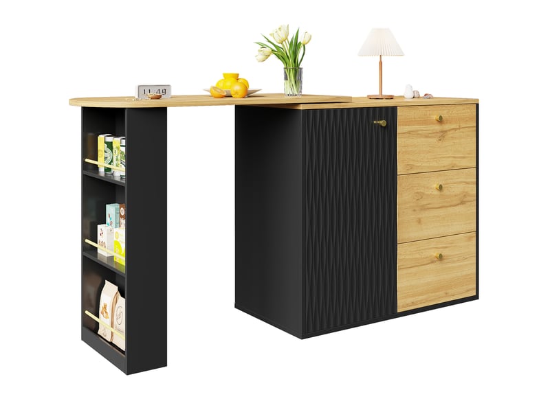  Table bar 138-204x39x104 cm noire en mdf, pivotante à 360°, extensible, rangement intégré pour cuisine  - Conforama A