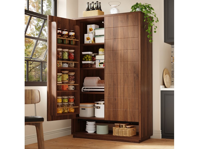  Buffet haut double porte 100x40x162,5 cm, 8 niveaux de rangement, ouverture pression, mdf métal brun foncé  - Conforama B