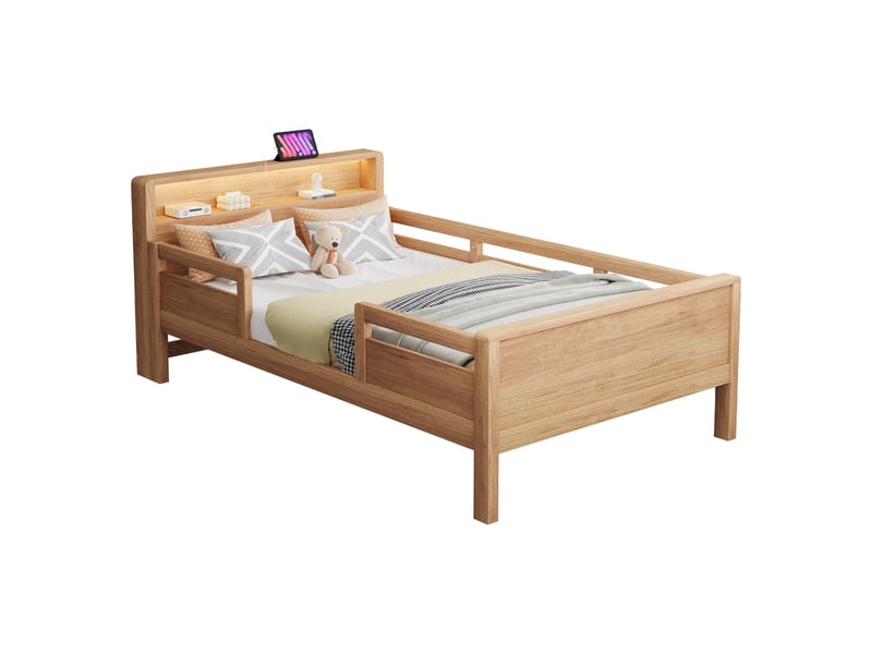  Lit simple 90x200 cm, lit enfant, led, port usb, tête de lit avec rangement, bois de pin bois naturel  - Conforama B