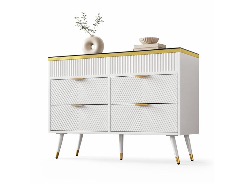  Commode 6 tiroirs avec séparateurs et verre brun pour chambre en panneaux de particules 120×40×76 cm blanc  - Conforama A