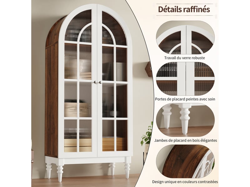  Lot de 2 vitrines hautes 76 x 38,5 x 165 cm avec portes en verre cannelé et 3 étagères, noyer et blanc  - Conforama B