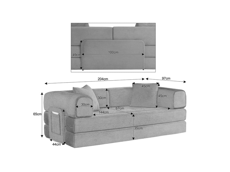  Canapé convertible modenvie 3 places taupe en velours côtelé 204 x 97 x 65 cm avec 2 coussins et structure en acier chromé  - Conforama C