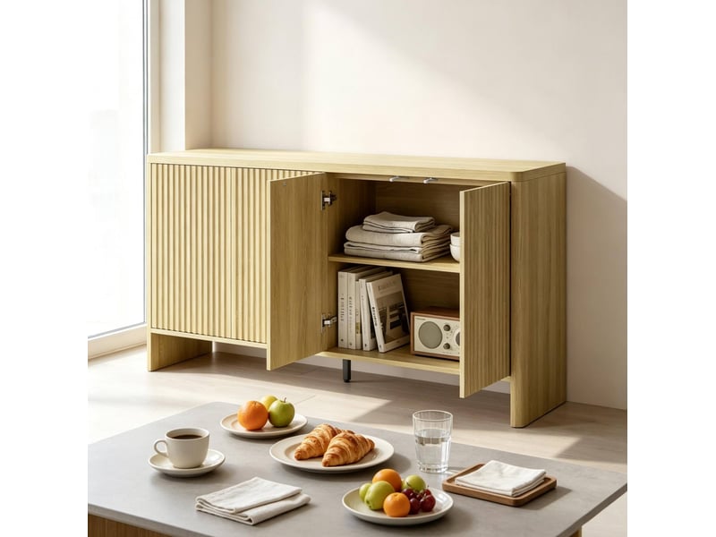  Buffet bas 147x40x77 cm, avec 4 portes sans poignées, rainures, angles arrondis, mdf finition chêne, rangement salon  - Conforama E