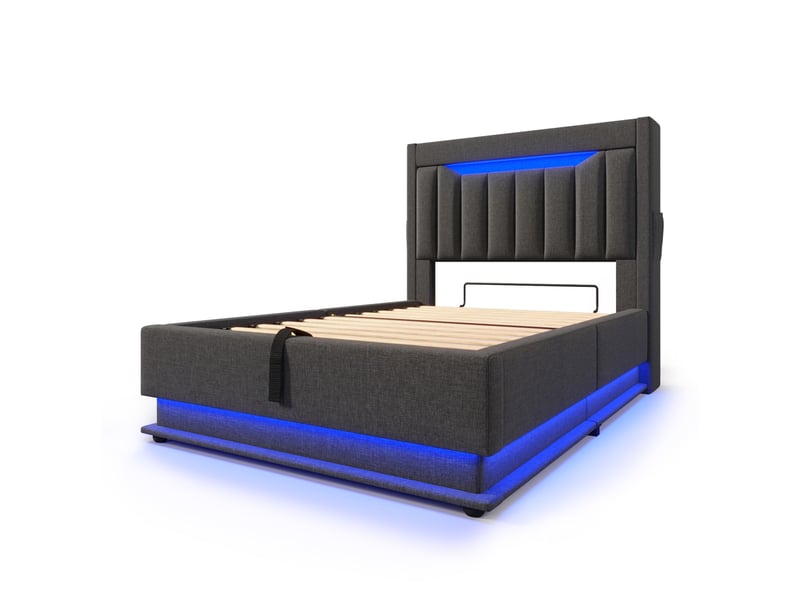  Lit coffre, lit enfant 90x200 cm, rangement hydraulique, tête de lit avec rangement, led tête et pied, lin gris, matelas inclus  - Conforama B