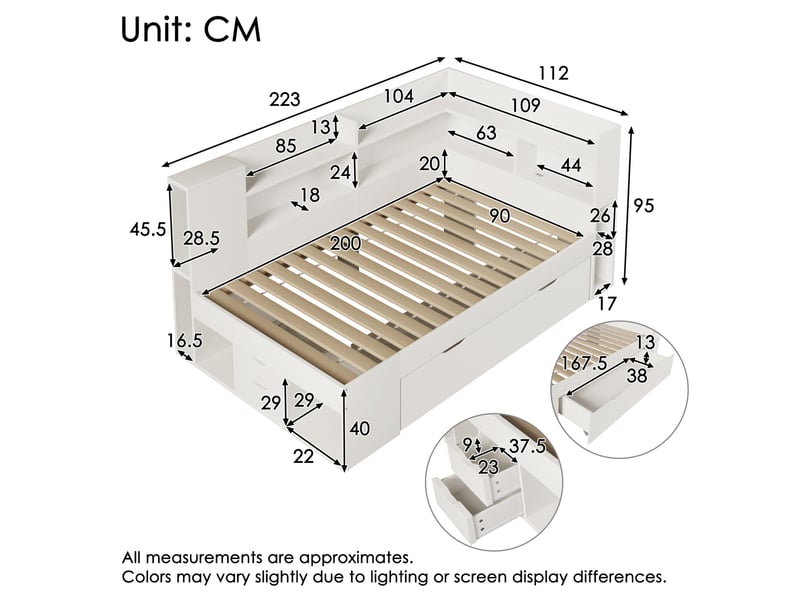  Lit simple 90x200 cm avec tiroirs, éclairage intégré et prises de recharge, mdf et panneau de particules, blanc avec matelas  - Conforama C