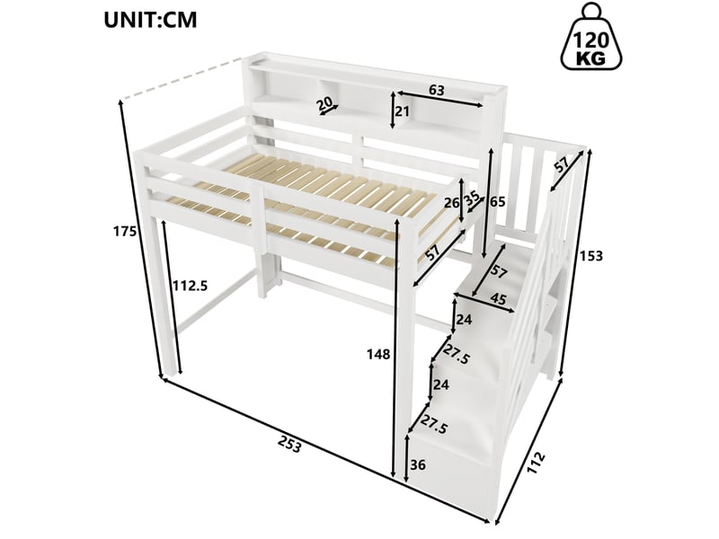  Lit mezzanine 90x200 cm avec rangements et éclairage led en pin blanc  - Conforama E