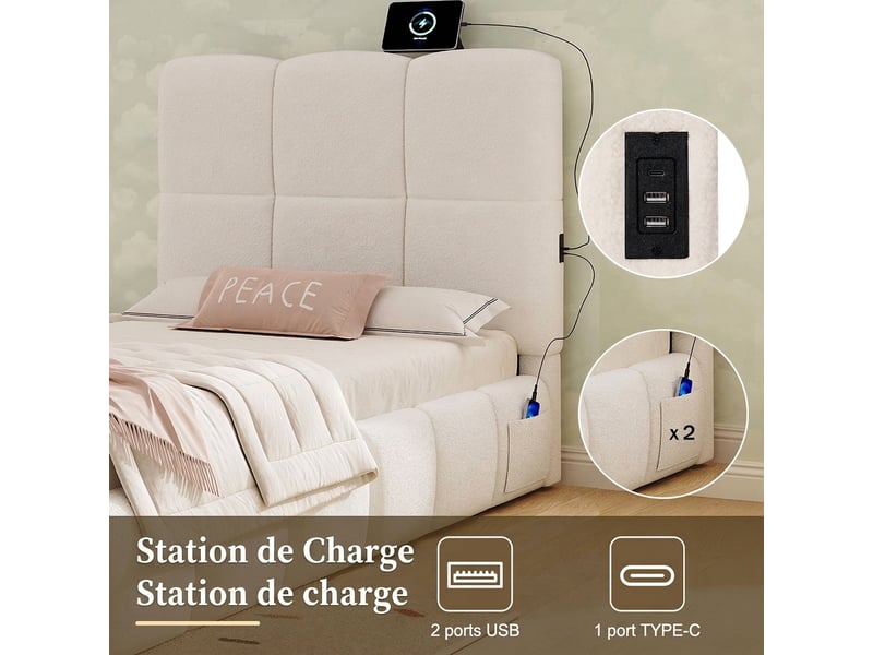  Lit enfant 90x200 coffre avec rangement tissu bouclette beige port usb intégré  - Conforama D