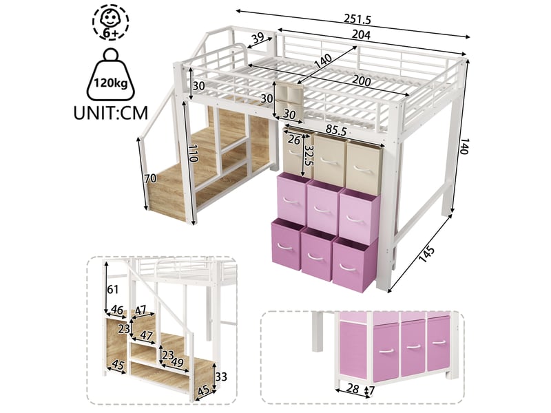  Lit mezzanine 140x200 cm avec rangements et penderie blanc  - Conforama C