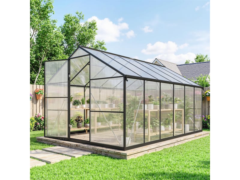  Serre de jardin en aluminium polycarbonate, serre avec fenêtres supérieures réglables 363x247x205cm noir  - Conforama C