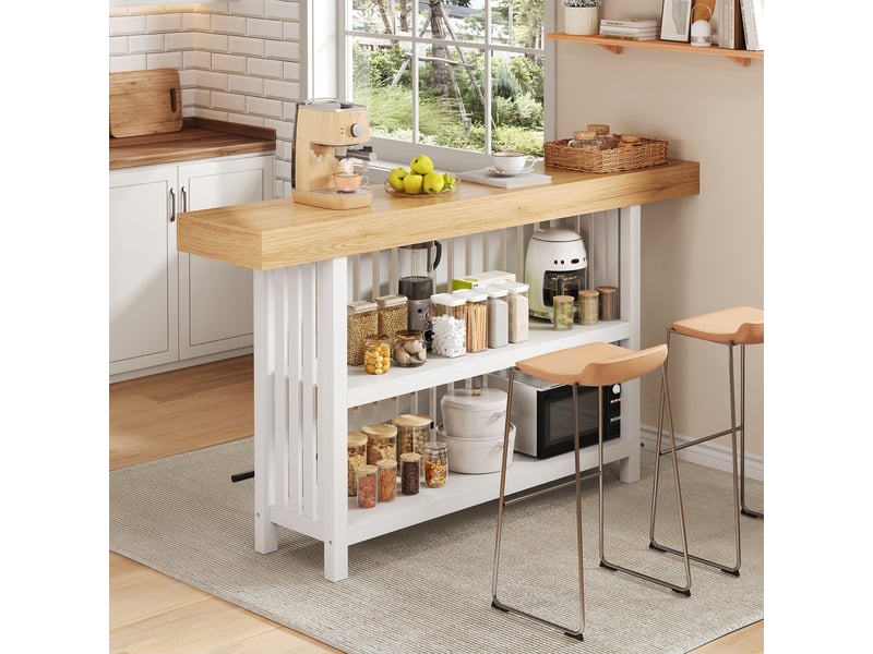  Table de bar haute 160 x 40 x 105 cm, 2 étagères et repose-pieds, mdf, blanc et effet bois Sol Morn - Conforama D