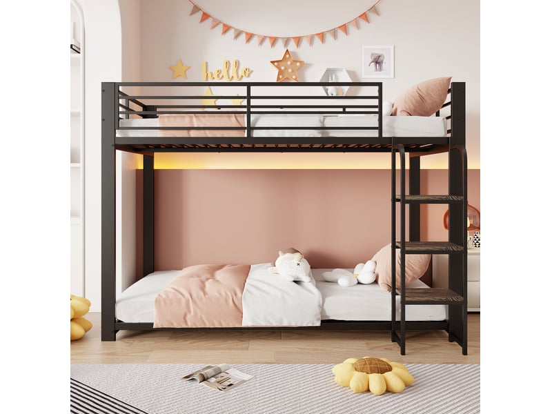  Lit superposé 90 × 200 cm en métal avec marches en bois, barrières de sécurité, chambre enfant et adolescent noir  - Conforama B