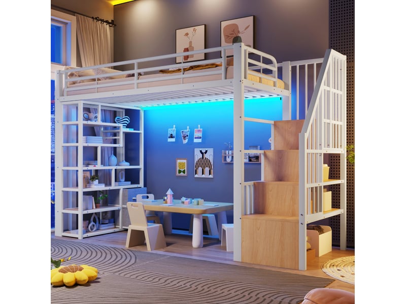 Lit mezzanine enfant 90x200 cm blanc métal et mdf, rangements, escalier et éclairage led intégré - Conforama B