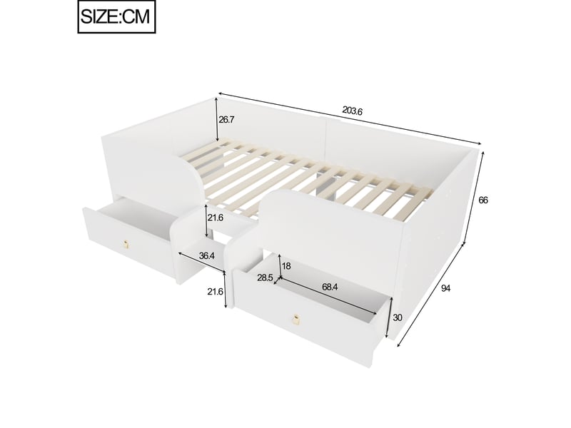 Lit enfant 90x200 cm avec rangements et barrière blanc - Conforama C