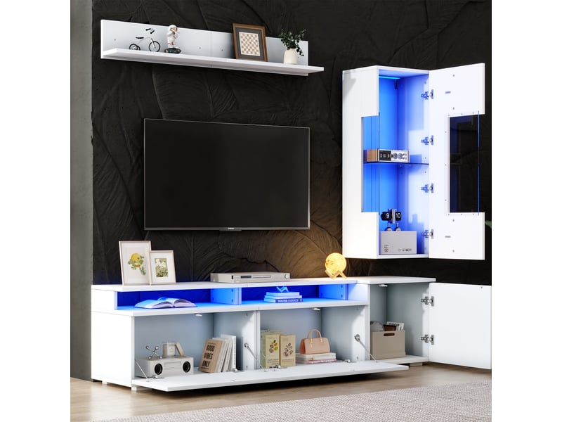  Ensemble meuble tv mural blanc laqué 3 pièces avec led pour écran 80 pouces  - Conforama R