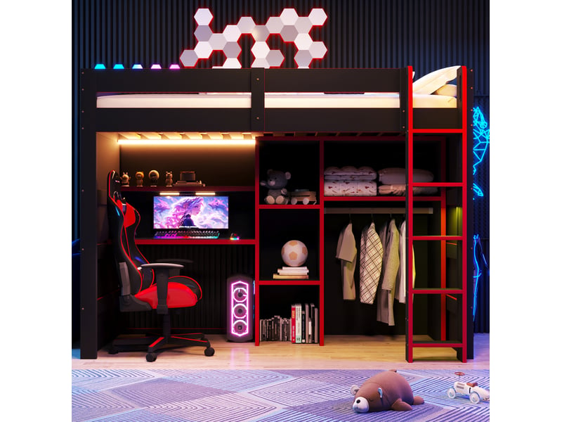  Lit mezzanine 90x200 cm en mdf et contreplaqué noir et rouge, bureau, rangement, led et usb, sans matelas  - Conforama E
