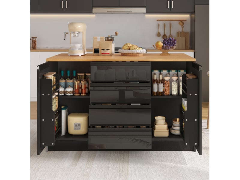  Îlot de cuisine avec 4 tiroirs, 2 placards et plateau extensible, finition brillante, noir et bois, 140 × 80 × 90 cm  - Conforama B